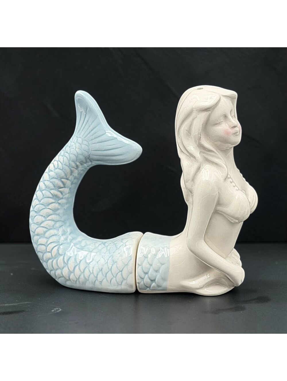 Vintage 1991 Blushing Mermaid Salt & Pepper Shaker Set Ceramic Blue and White